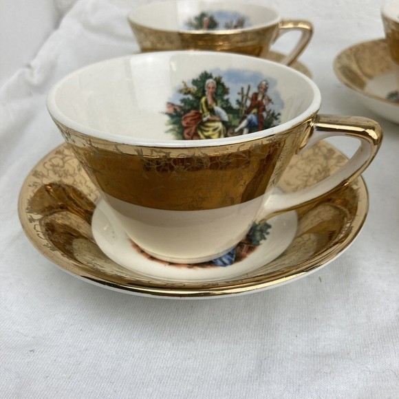 Lot 3 Vintage King Quality Fine Colonial Couple Gold 22k US 1960 Cups And Saucer - Picture 5 of 14
